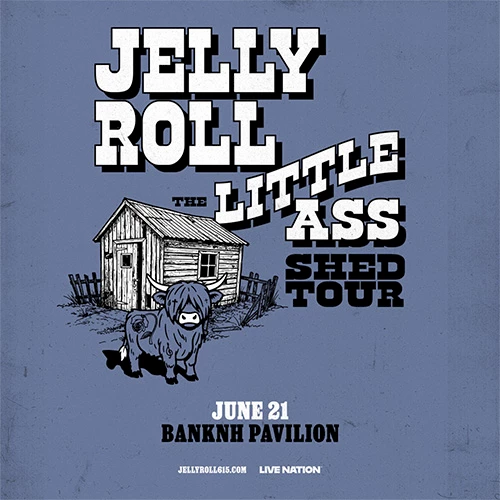 Poster for Jelly Roll featuring Little & Ass Shed Tour with a rustic shack illustration. June 21 Bankhead Pavilion. Ends with a period.