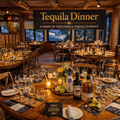 Elegant dinner setup in a rustic venue with wooden tables, wine bottles, candles, and a &ldquo;Tequila Dinner&rdquo; banner overhead, inviting fine dining tonight.