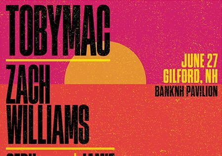 Poster for a TobyMac / Zach Williams / Sept Schlueter / Jamie Macdonald show. Bright orange-pink gradient with a sun graphic; bold black text. Concert details on the right. End.