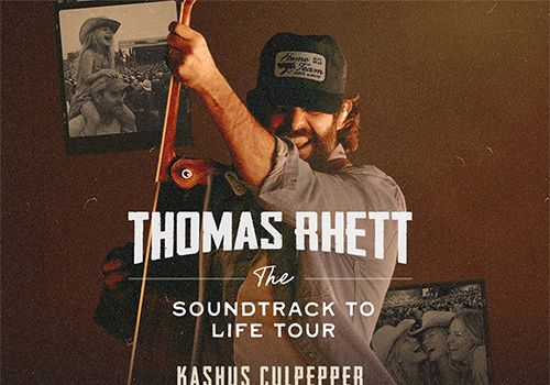 A poster for Thomas Rhett&rsquo;s The Soundtrack to Life Tour featuring Kashus Culpepper & Emily Ann Roberts, with a man holding a guitar in the foreground.