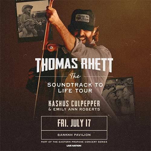 A poster for Thomas Rhett&rsquo;s The Soundtrack to Life Tour featuring Kashus Culpepper & Emily Ann Roberts, with a man holding a guitar in the foreground.