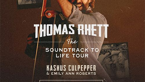A poster for Thomas Rhett&rsquo;s The Soundtrack to Life Tour featuring Kashus Culpepper & Emily Ann Roberts, with a man holding a guitar in the foreground.