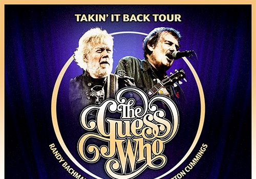 A poster for The Guess Who concert tour, featuring band members and tour details. Top it at 140 characters, always ending the sentence.The Guess Who tour poster with two musicians, bold logo, and show info in gold on a purple backdrop.