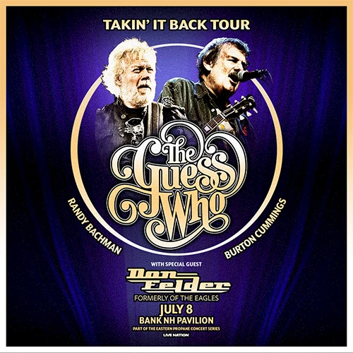 A poster for The Guess Who concert tour, featuring band members and tour details. Top it at 140 characters, always ending the sentence.The Guess Who tour poster with two musicians, bold logo, and show info in gold on a purple backdrop.