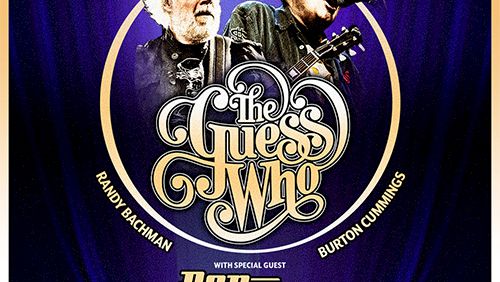 A poster for The Guess Who concert tour, featuring band members and tour details. Top it at 140 characters, always ending the sentence.The Guess Who tour poster with two musicians, bold logo, and show info in gold on a purple backdrop.