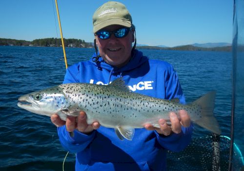 Caught a beautiful brown trout, sporting spots and a sleek body, while on calm blue waters with a sunny sky today.