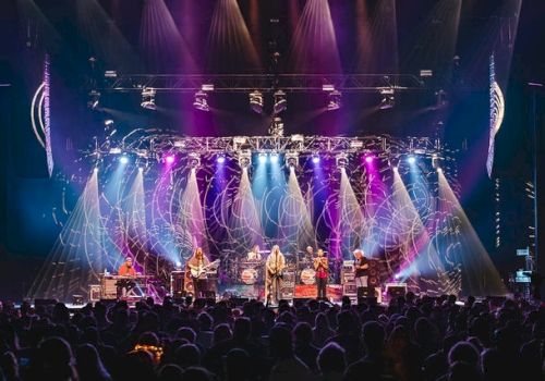 A live concert with a full band performing on stage under colorful lights, crowds of fans watching closely.