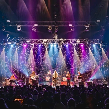 A live concert with a full band performing on stage under colorful lights, crowds of fans watching closely.