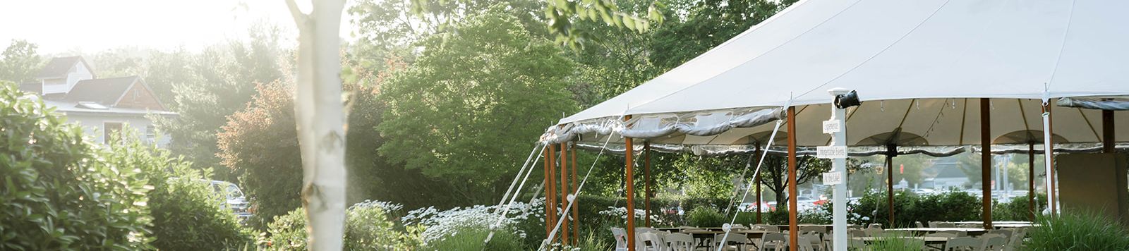 A bright outdoor garden scene with a white event tent, greenery, flowering beds, and sunlight streaming through trees, creating a cheerful setup.